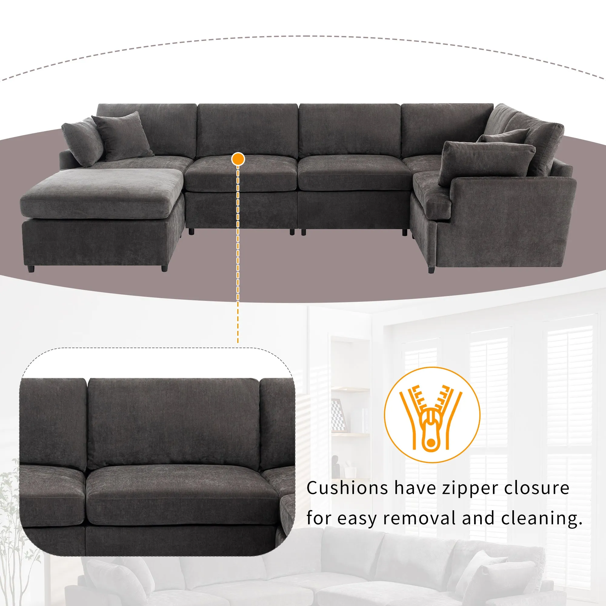 [ Video Provided]U_STYLE Modern Large U-Shape Sectional Sofa, with Removable Ottomans for Living Room (6-Seater)