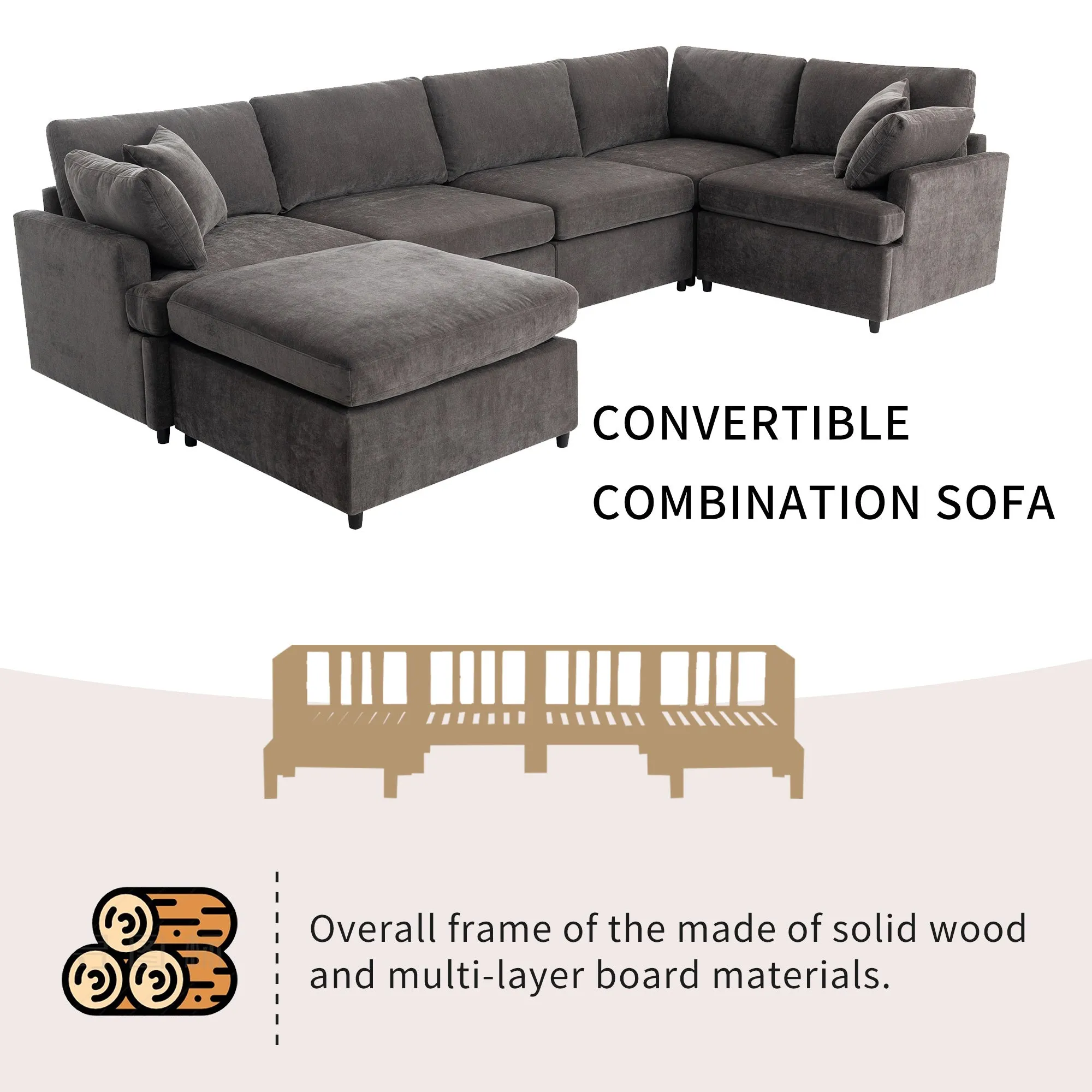 [ Video Provided]U_STYLE Modern Large U-Shape Sectional Sofa, with Removable Ottomans for Living Room (6-Seater)