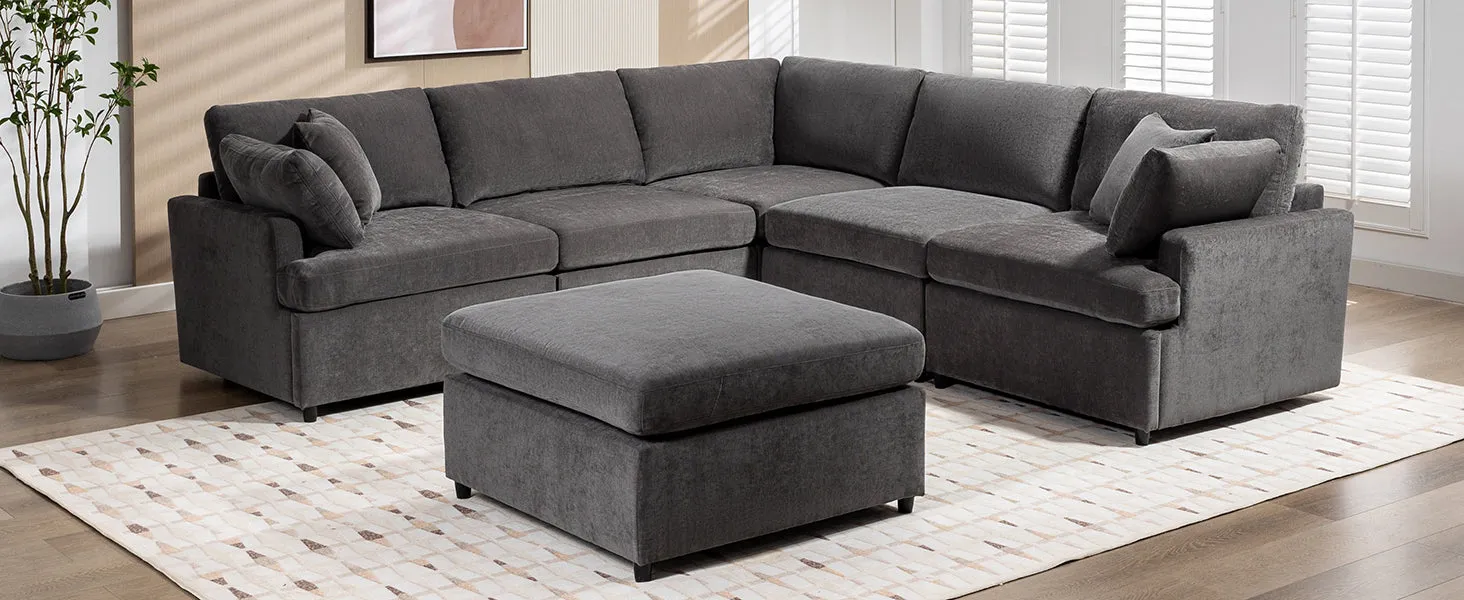 [ Video Provided]U_STYLE Modern Large U-Shape Sectional Sofa, with Removable Ottomans for Living Room (6-Seater)