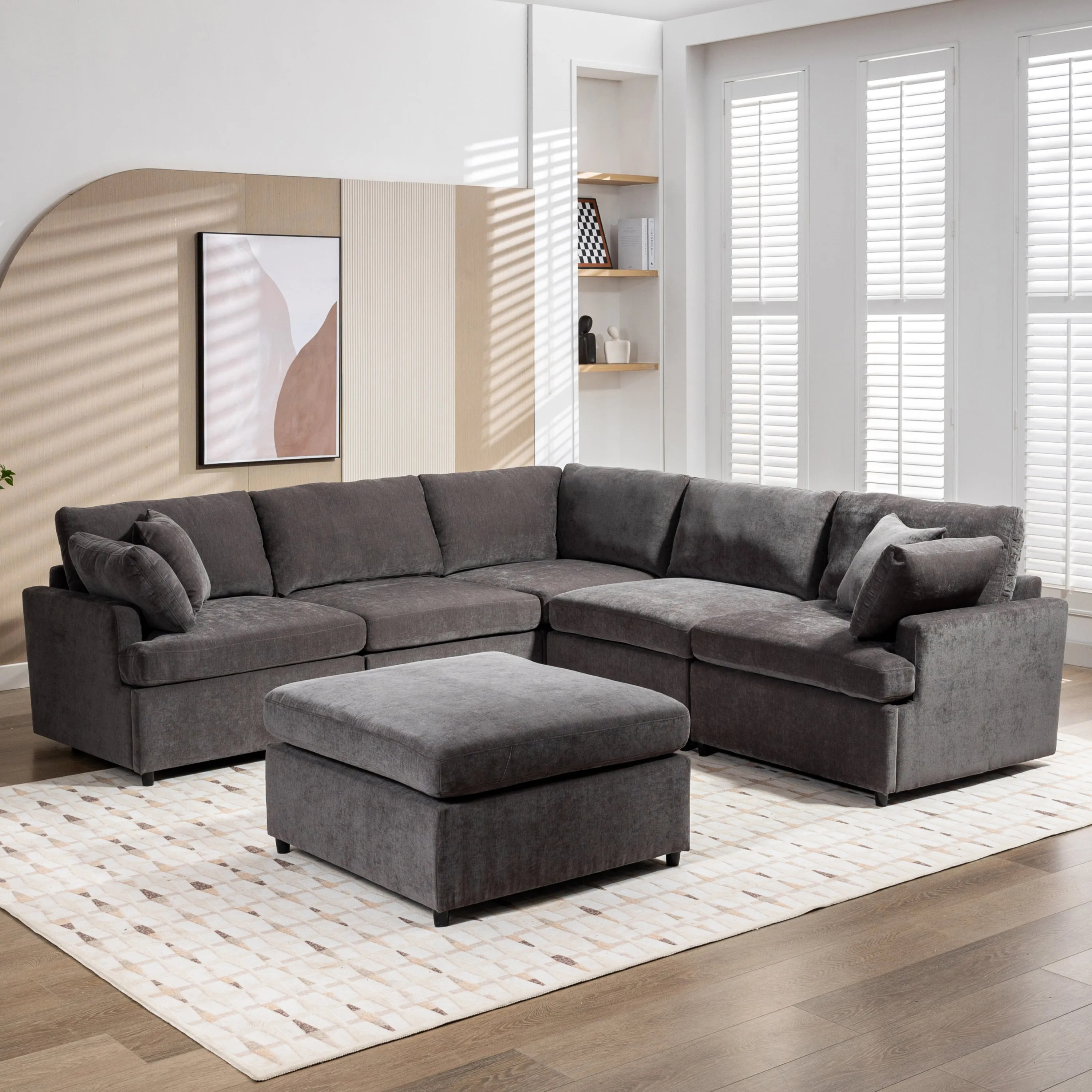 [ Video Provided]U_STYLE Modern Large U-Shape Sectional Sofa, with Removable Ottomans for Living Room (6-Seater)
