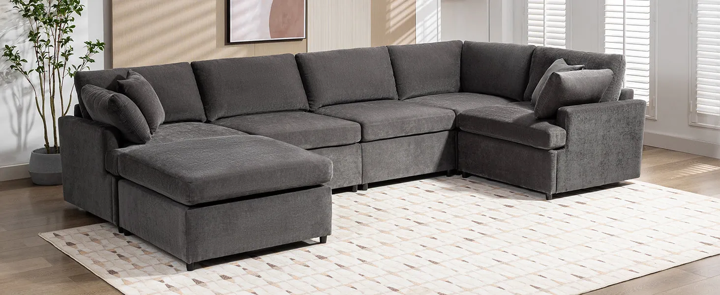 [ Video Provided]U_STYLE Modern Large U-Shape Sectional Sofa, with Removable Ottomans for Living Room (6-Seater)