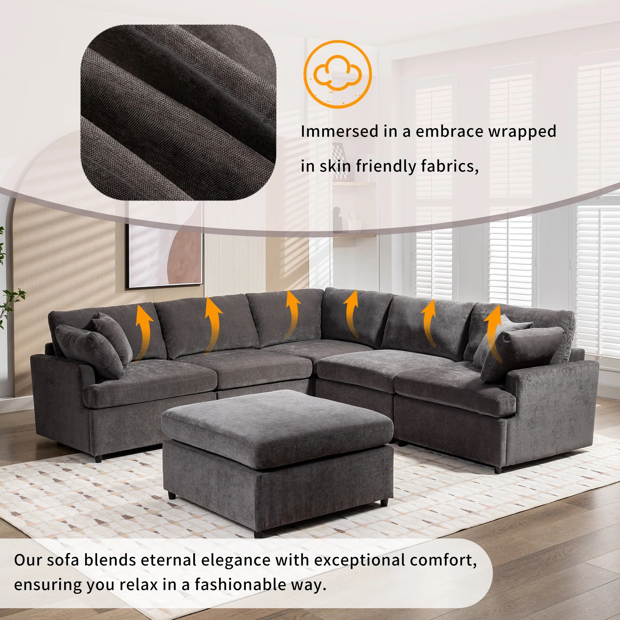 [ Video Provided]U_STYLE Modern Large U-Shape Sectional Sofa, with Removable Ottomans for Living Room (6-Seater)