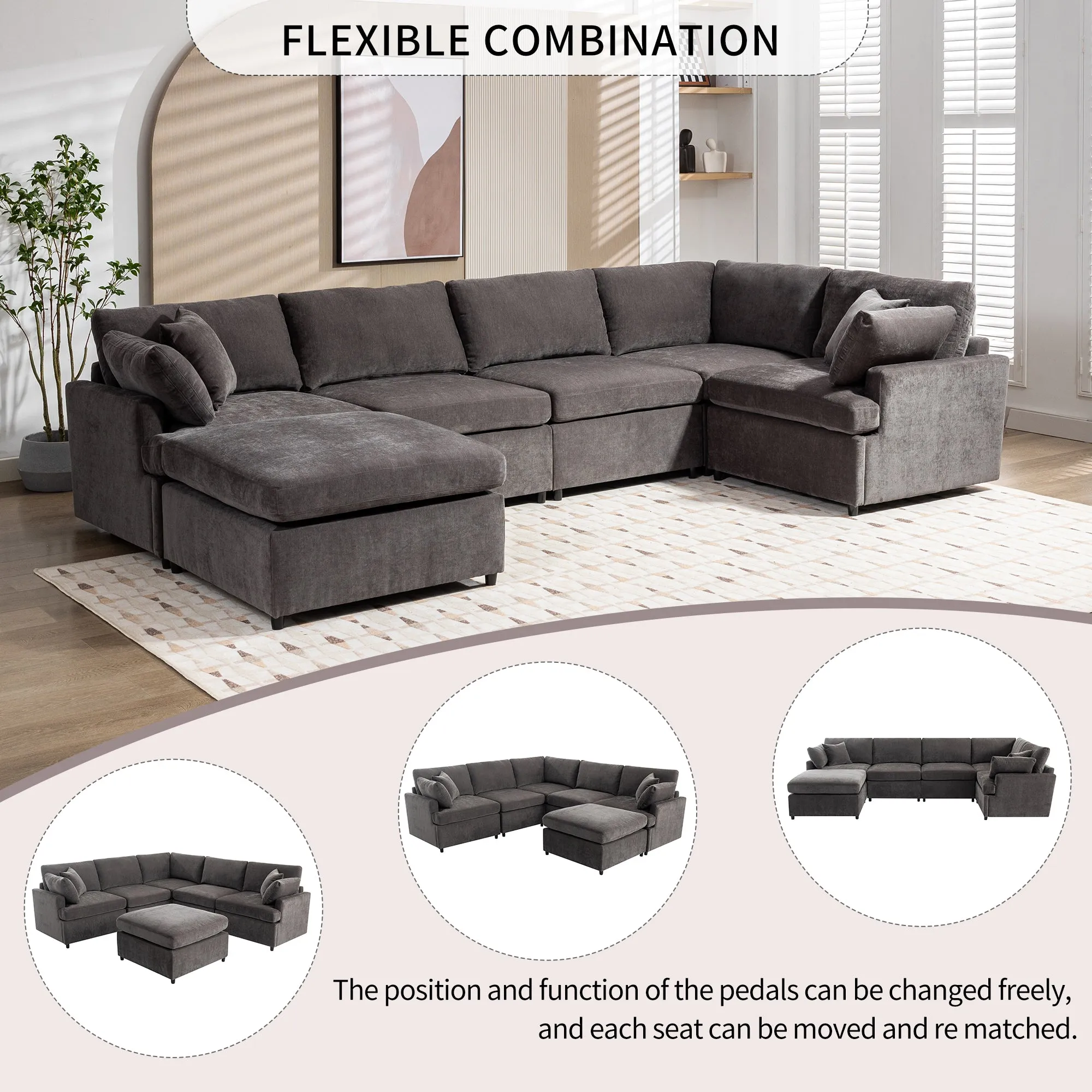 [ Video Provided]U_STYLE Modern Large U-Shape Sectional Sofa, with Removable Ottomans for Living Room (6-Seater)