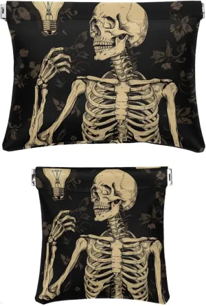 2 Piece Faux Leather Pocket Box, Small Storage Bags for Purses, Mini Pocket Pouch, Portable Squeeze Top Cosmetic Bag, Skull Halloween Vintage Cool Modern