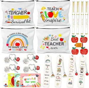 26 PCS Teacher Appreciation Gifts in Bulk 4 Thank You Gift Set with Makeup Bags Keychains Bookmarks Cards Pins Stickers and Best Teacher Ever Pens Perfect Gifts for Teachers Day Graduation Birthday