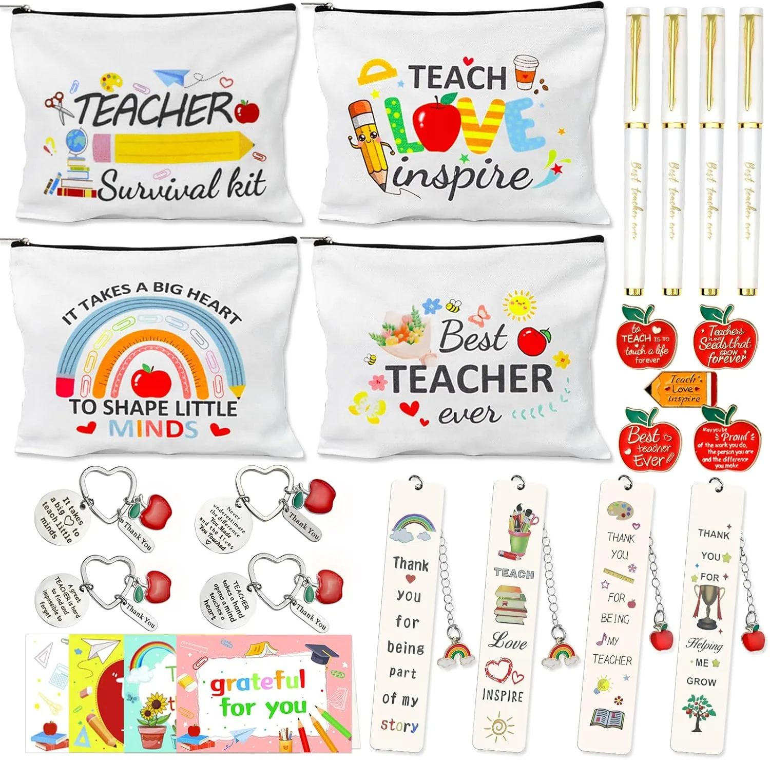 26 PCS Teacher Appreciation Gifts in Bulk 4 Thank You Gift Set with Makeup Bags Keychains Bookmarks Cards Pins Stickers and Best Teacher Ever Pens Perfect Gifts for Teachers Day Graduation Birthday
