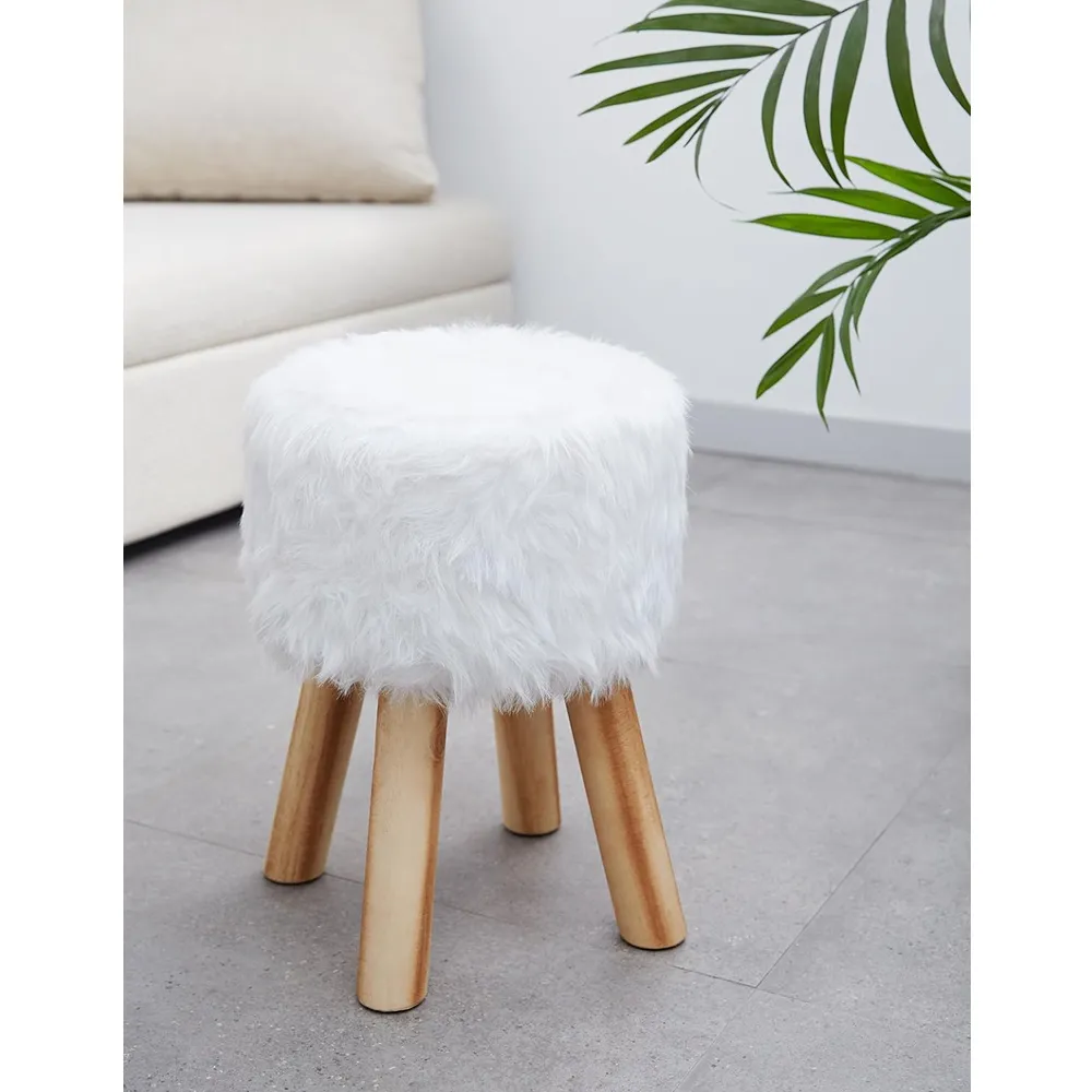 30 X 40Cm 4-Legged Round Faux Fur Ottoman With Wooden Legs Stool Wl003St