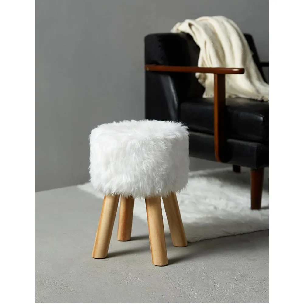 30 X 40Cm 4-Legged Round Faux Fur Ottoman With Wooden Legs Stool Wl003St