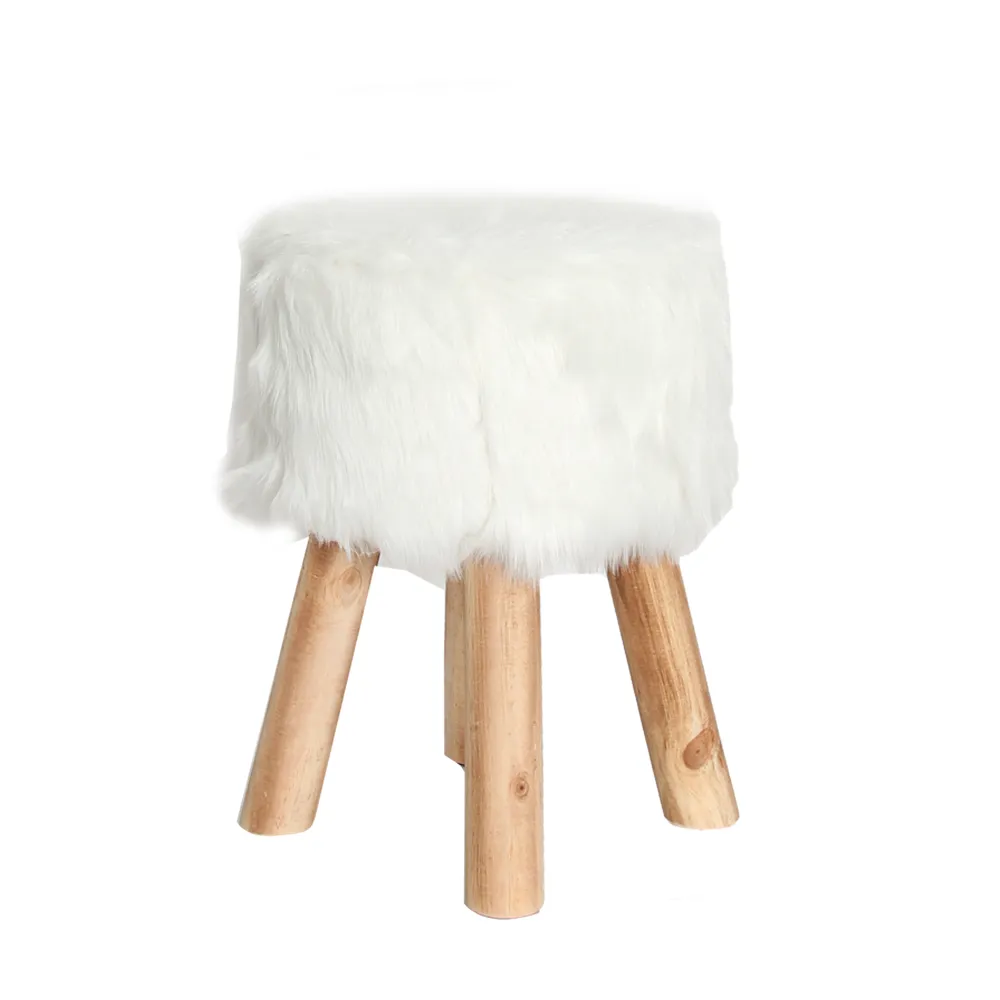 30 X 40Cm 4-Legged Round Faux Fur Ottoman With Wooden Legs Stool Wl003St