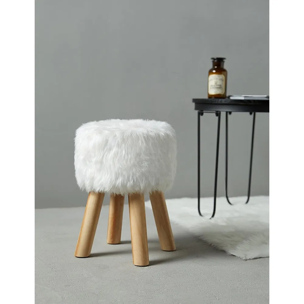 30 X 40Cm 4-Legged Round Faux Fur Ottoman With Wooden Legs Stool Wl003St