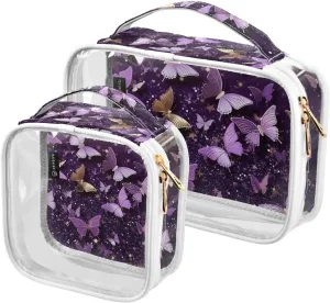 3d Butterfly Purple 2 Pieces Clear Makeup Cosmetic Bags for Traveling Vacation Organizing, Toiletry Bags for Women Men, PVC Waterproof Travel Organizer