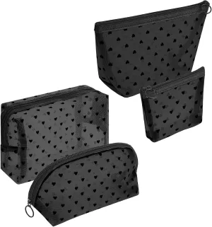 4 Pieces Mesh Cosmetic Bags, Portable Travel Mesh Makeup Bag, Heart Print Zipper Pouch Toiletry Bag for Women Girls (Black)