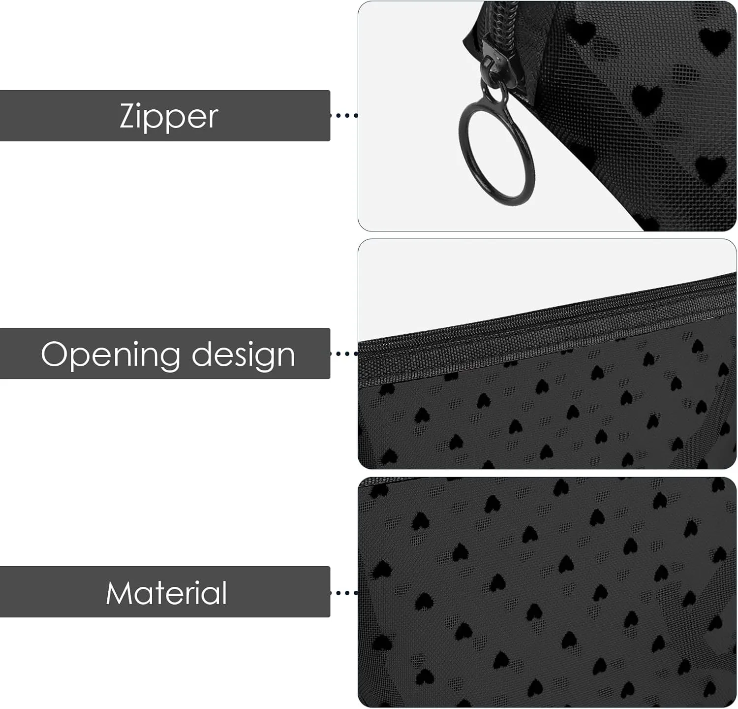 4 Pieces Mesh Cosmetic Bags, Portable Travel Mesh Makeup Bag, Heart Print Zipper Pouch Toiletry Bag for Women Girls (Black)