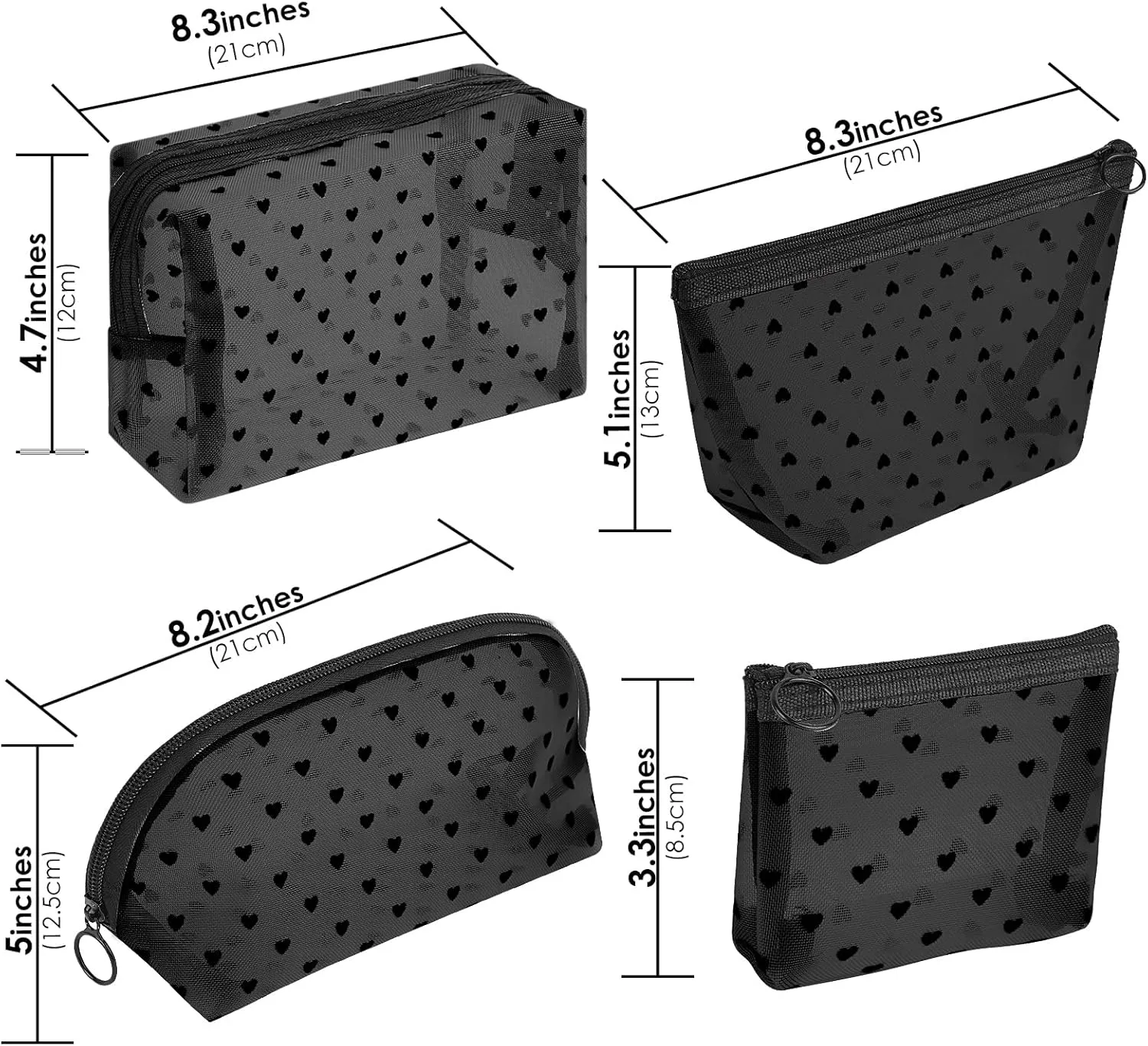 4 Pieces Mesh Cosmetic Bags, Portable Travel Mesh Makeup Bag, Heart Print Zipper Pouch Toiletry Bag for Women Girls (Black)