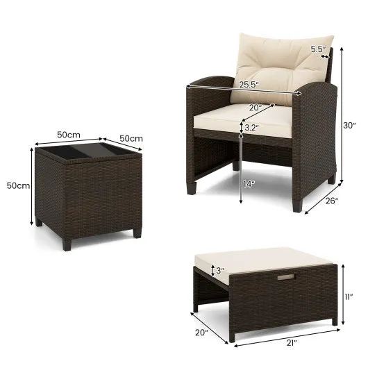 5 Pieces Patio Rattan Furniture with 2 Ottomans and Tempered Glass Coffee Table-Beige