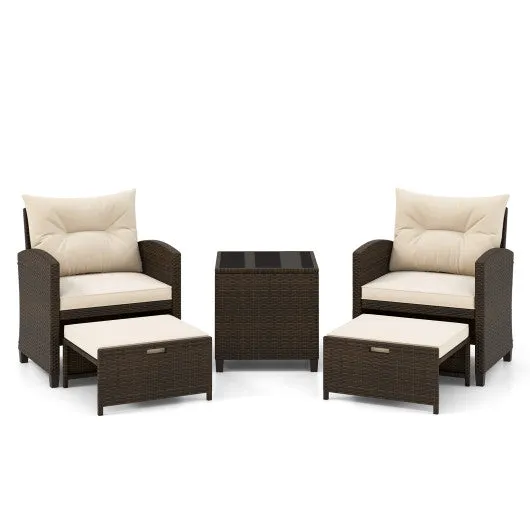 5 Pieces Patio Rattan Furniture with 2 Ottomans and Tempered Glass Coffee Table-Beige