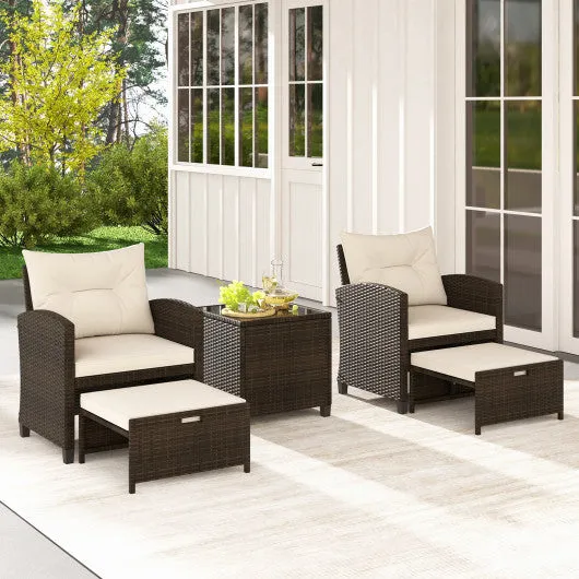 5 Pieces Patio Rattan Furniture with 2 Ottomans and Tempered Glass Coffee Table-Beige
