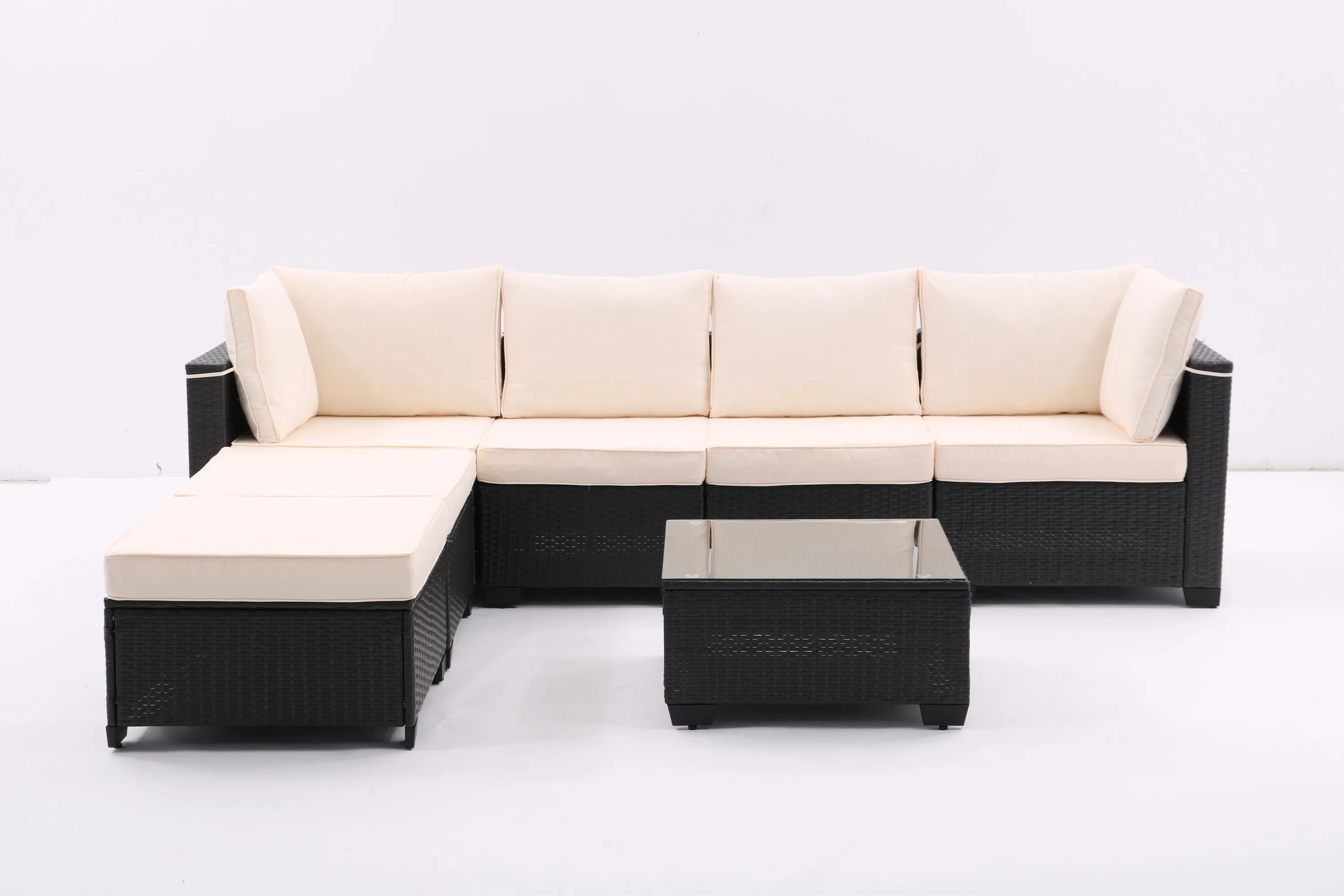 7 Pieces Outdoor Patio Furniture Set,Sectional Conversation Sofa Consisted Of Corner Chairs,Ottomans And Glass Top Table,All Weather PE Rattan and Steel Frame With  Removable Cushions(Coffee Beige)