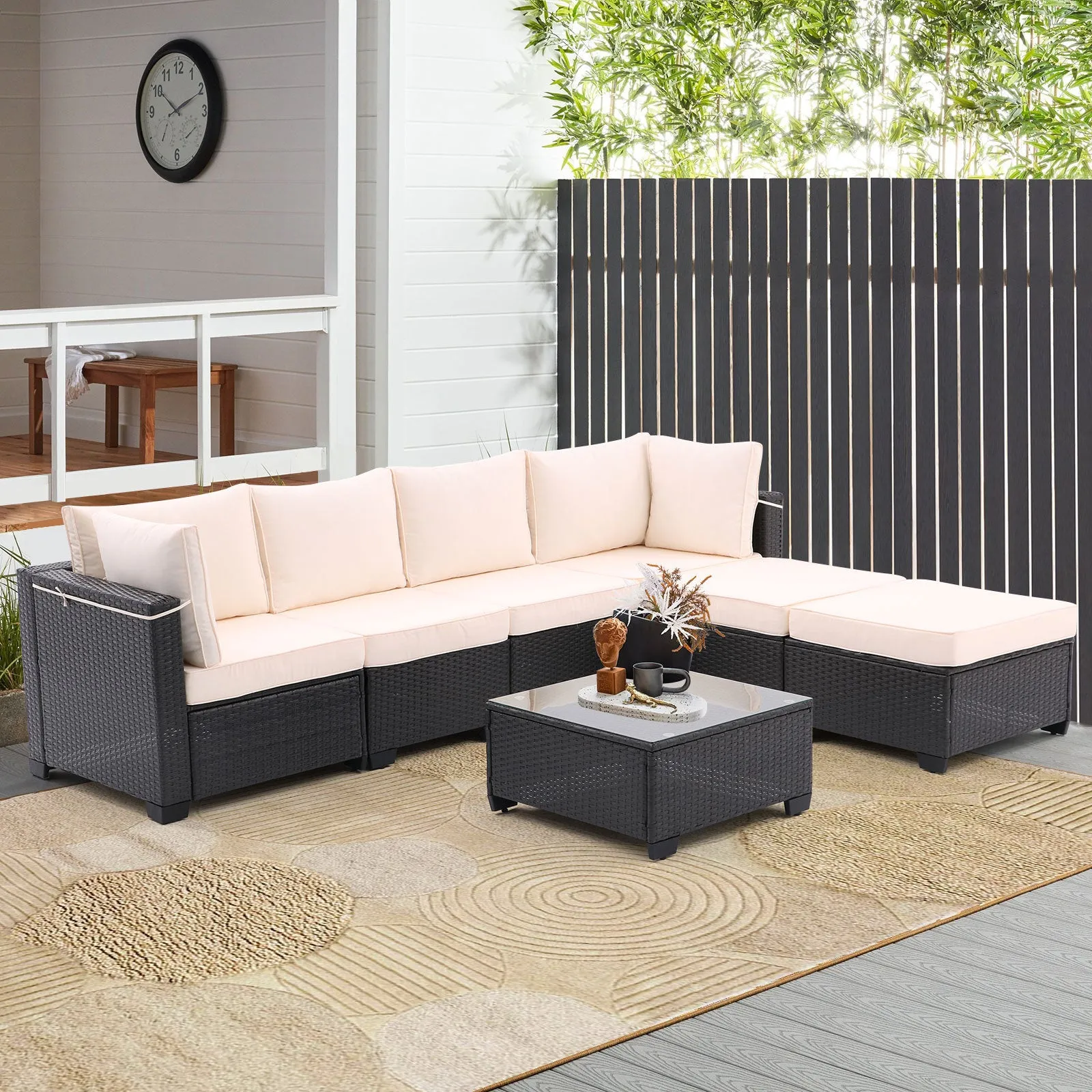 7 Pieces Outdoor Patio Furniture Set,Sectional Conversation Sofa Consisted Of Corner Chairs,Ottomans And Glass Top Table,All Weather PE Rattan and Steel Frame With  Removable Cushions(Coffee Beige)