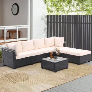 7 Pieces Outdoor Patio Furniture Set,Sectional Conversation Sofa Consisted Of Corner Chairs,Ottomans And Glass Top Table,All Weather PE Rattan and Steel Frame With  Removable Cushions(Coffee Beige)