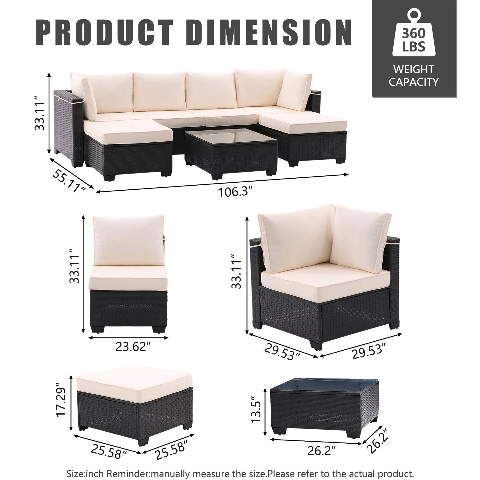 7 Pieces Outdoor Patio Furniture Set,Sectional Conversation Sofa Consisted Of Corner Chairs,Ottomans And Glass Top Table,All Weather PE Rattan and Steel Frame With  Removable Cushions(Coffee Beige)