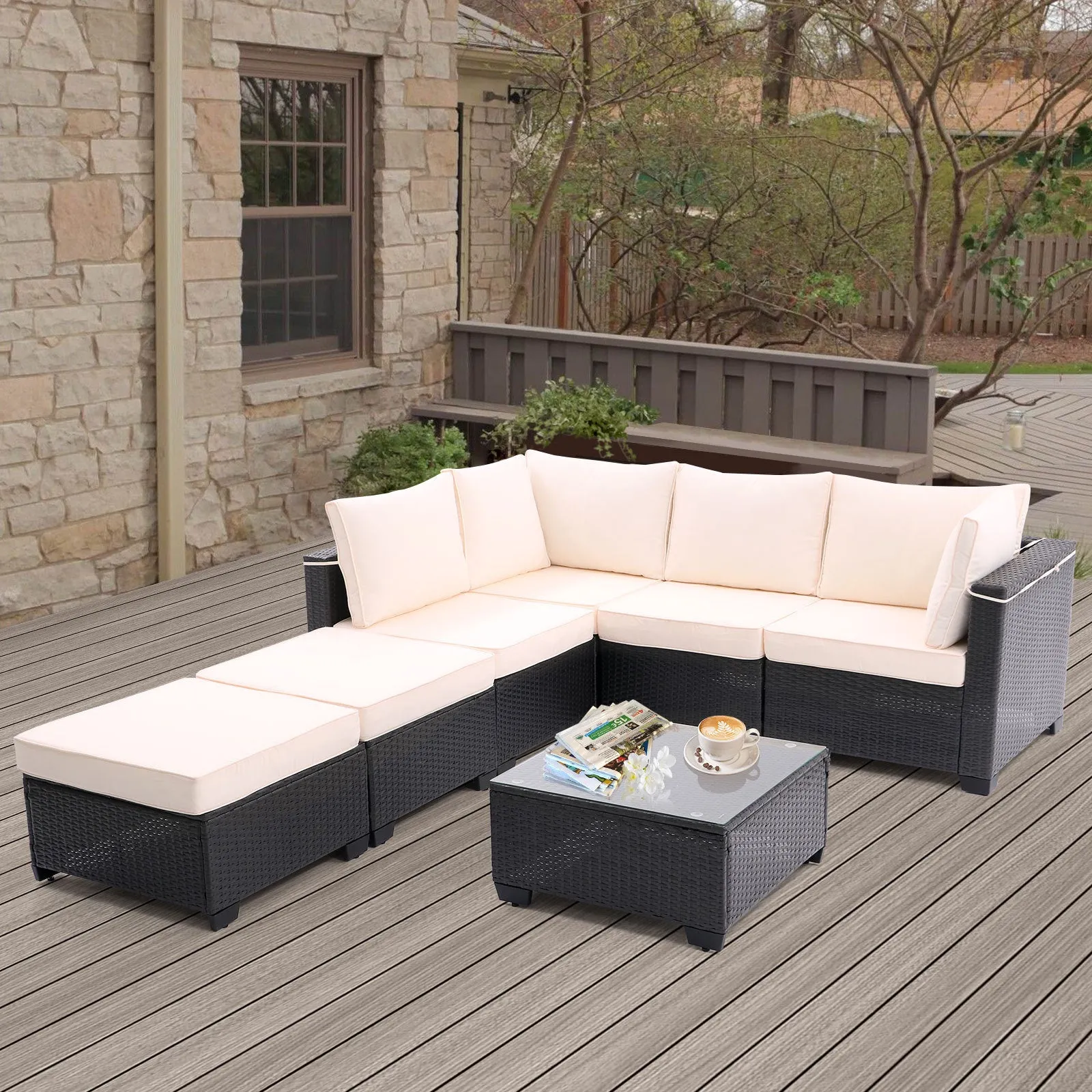 7 Pieces Outdoor Patio Furniture Set,Sectional Conversation Sofa Consisted Of Corner Chairs,Ottomans And Glass Top Table,All Weather PE Rattan and Steel Frame With  Removable Cushions(Coffee Beige)