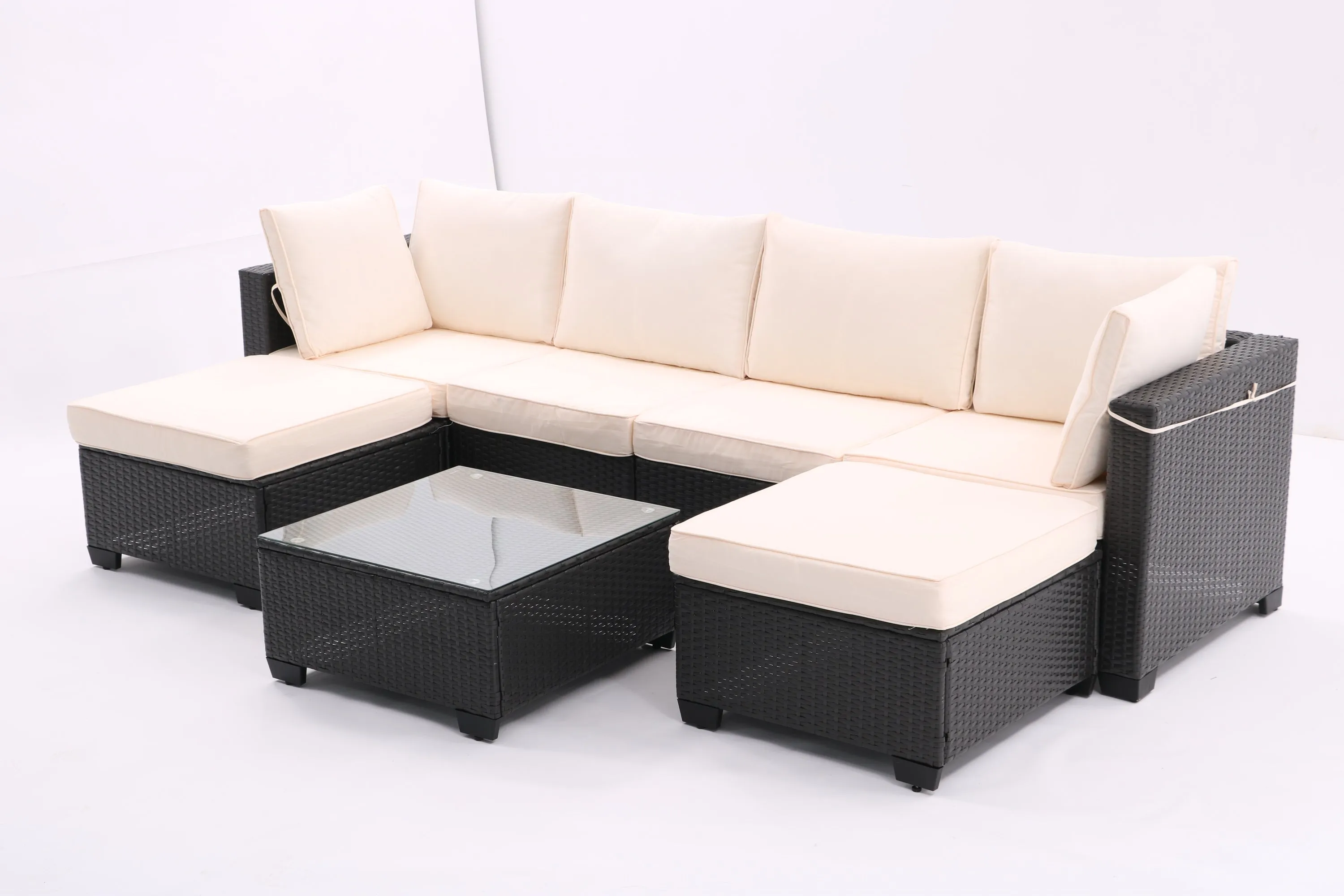 7 Pieces Outdoor Patio Furniture Set,Sectional Conversation Sofa Consisted Of Corner Chairs,Ottomans And Glass Top Table,All Weather PE Rattan and Steel Frame With  Removable Cushions(Coffee Beige)