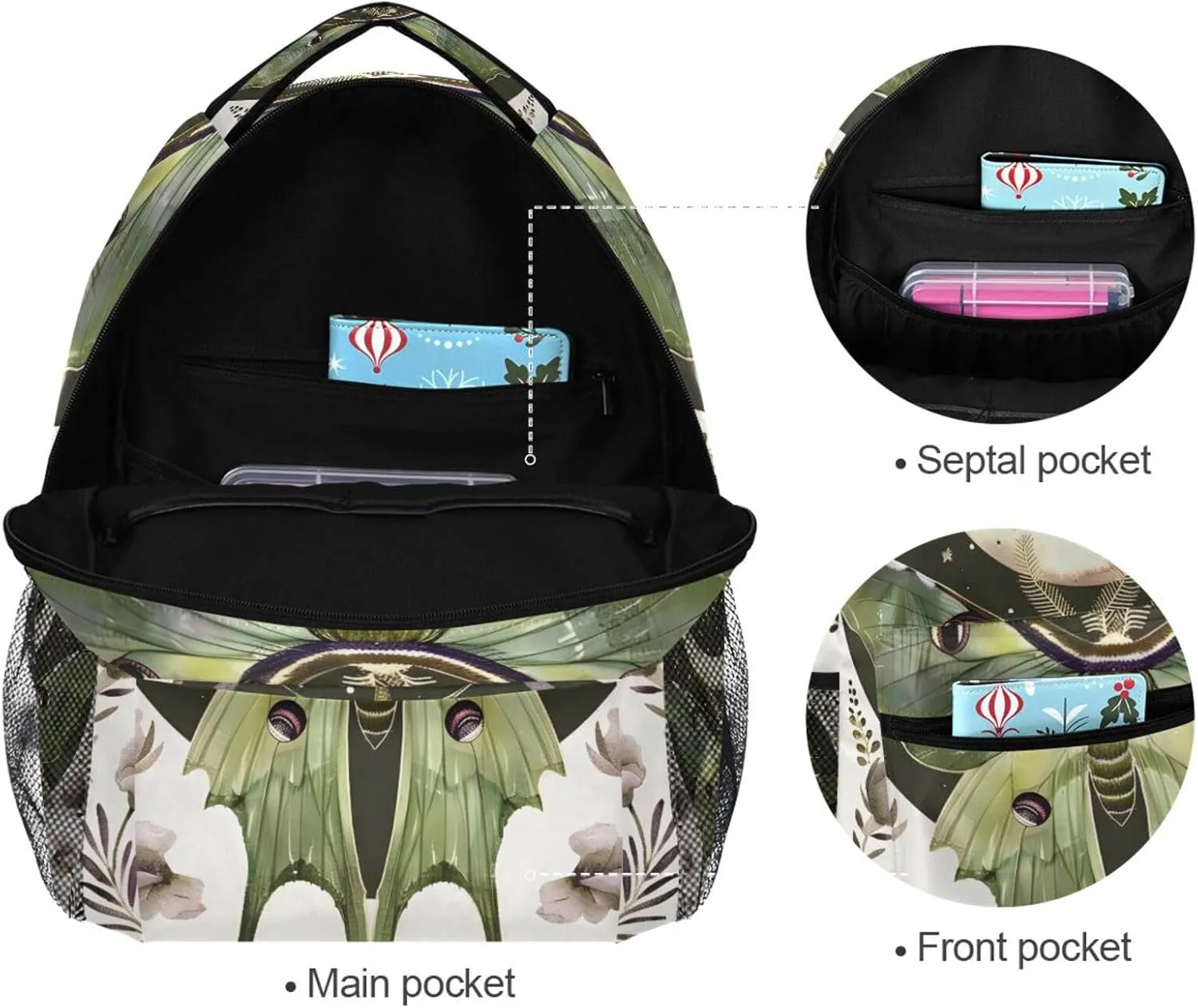 ALAZA Luna Moth Moon Backpacks for Girls Elementary School Bag Kids Bookbag Personalized Travel Daypack 3rd 4th 5th Grade Rucksack 16in Laptop Back Pack