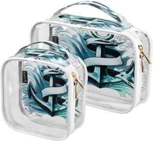 Anchors 2 Pieces Clear Makeup Cosmetic Bags for Traveling Vacation Organizing, Toiletry Bags for Women Men, PVC Waterproof Travel Organizer