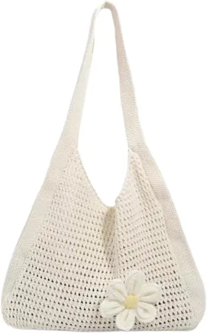 Beach Crochet Bag for Women, Aesthetic Hobo Mesh Woven Tote Simple Modern Trendy Bags for Summer Vacation Picnic Travel