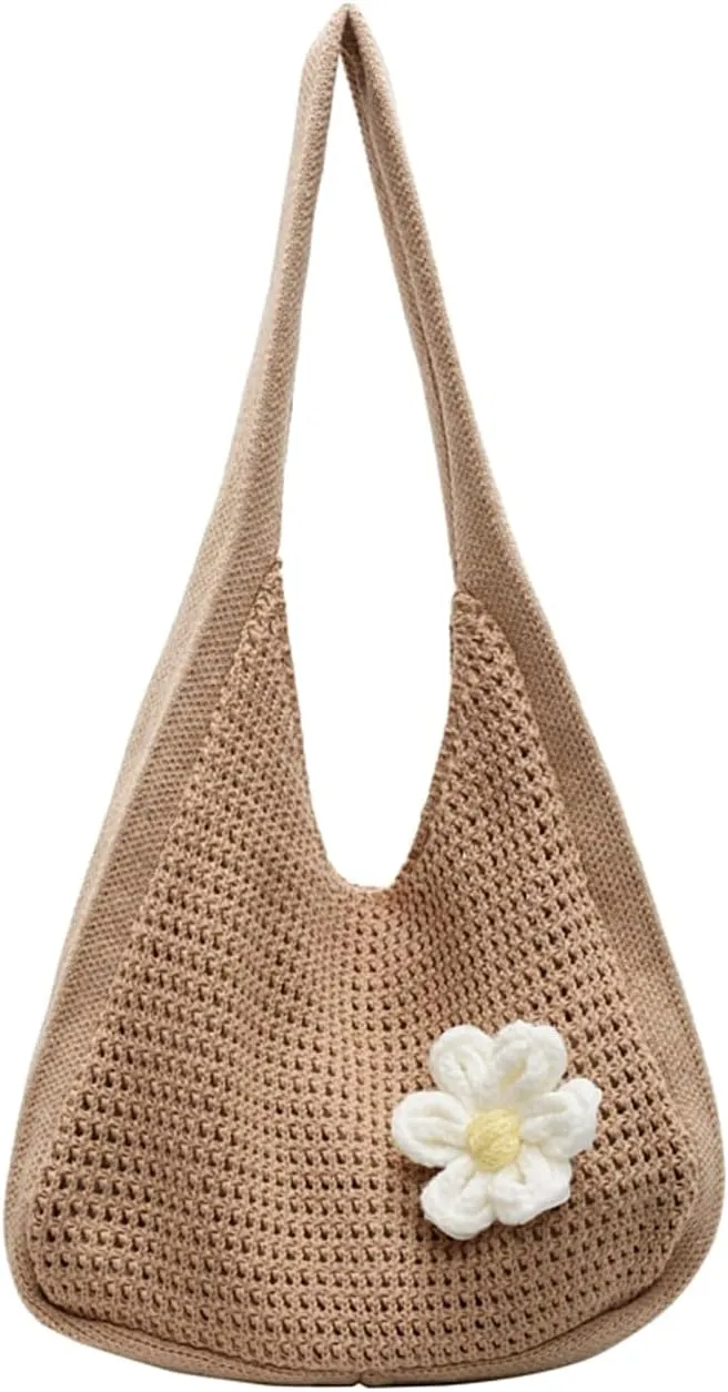Beach Crochet Bag for Women, Aesthetic Hobo Mesh Woven Tote Simple Modern Trendy Bags for Summer Vacation Picnic Travel