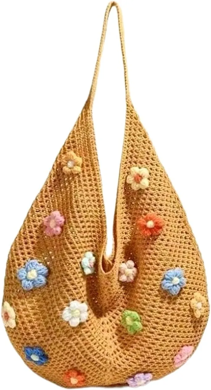 Beach Crochet Bag for Women, Aesthetic Hobo Mesh Woven Tote Simple Modern Trendy Bags for Summer Vacation Picnic Travel