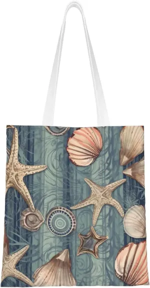 Beach Shell Print Canvas Tote Bags Stylish Shoulder Bag Reusable Shopping Bag Small Handbags For Women Men