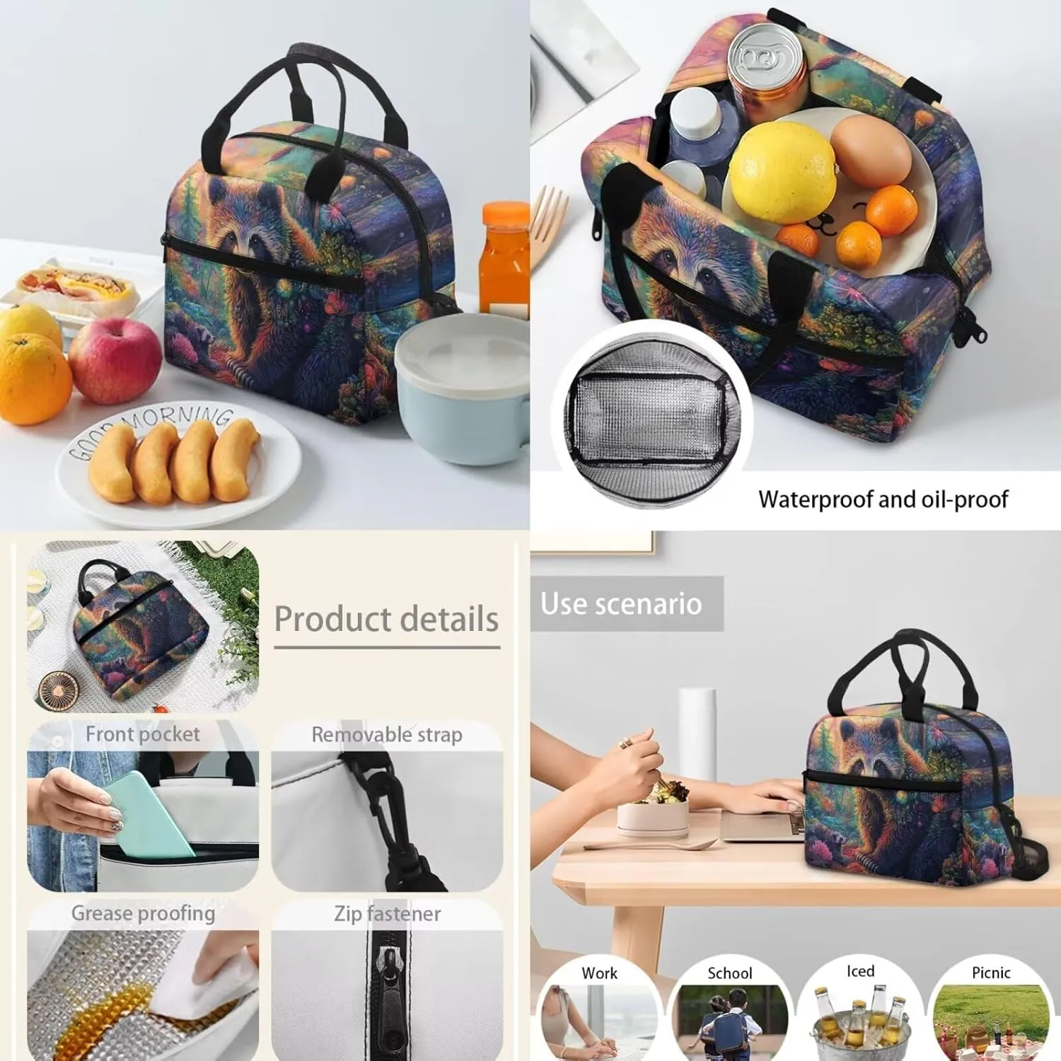 Bear Backpack for School 3 in 1 Lightweight 17 Inch Bookbag for Boys 8-12 Cool Animal Insulated Tote Lunch Bag for Kids Versatile Pencil Case for School Supplies
