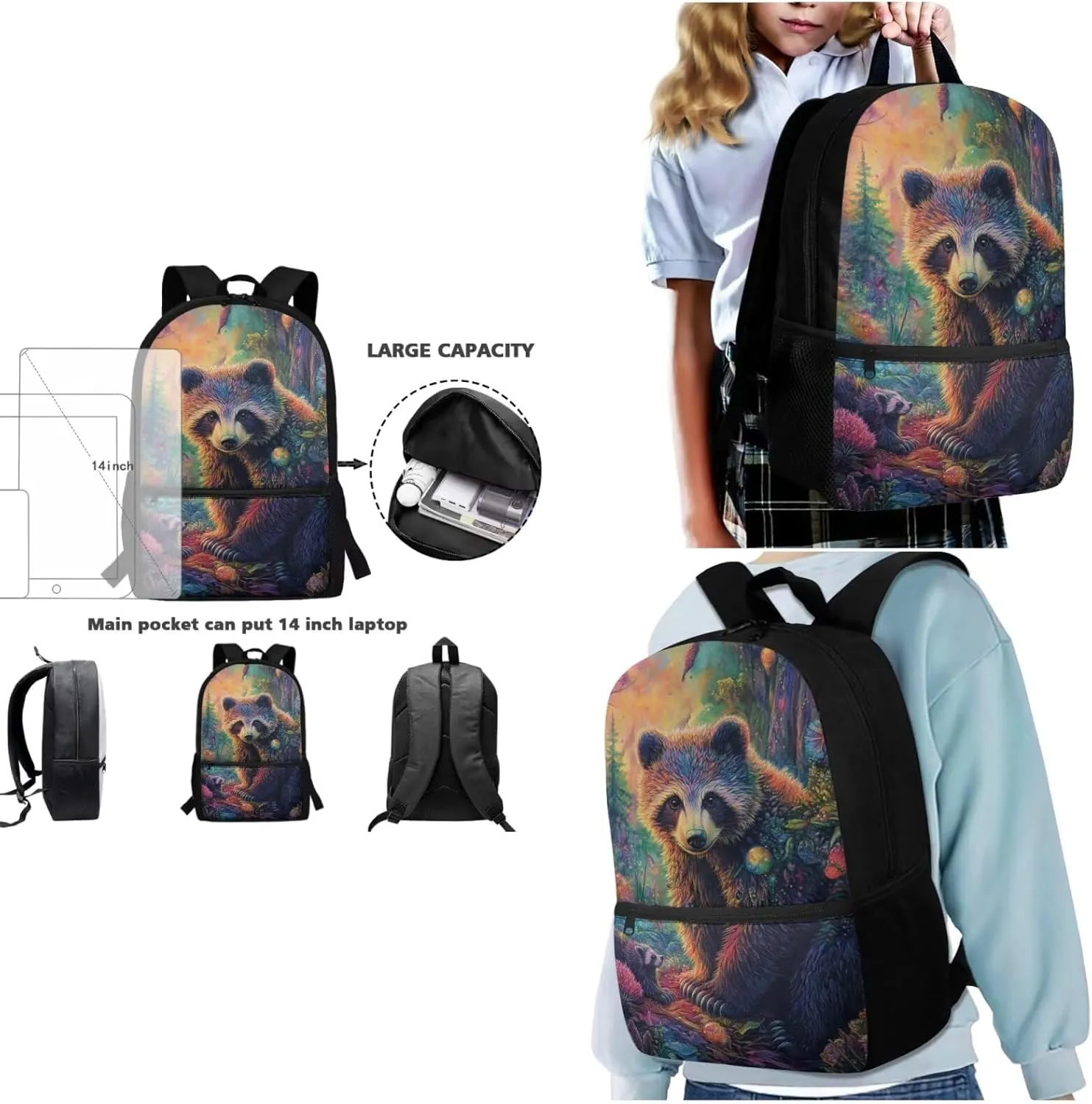 Bear Backpack for School 3 in 1 Lightweight 17 Inch Bookbag for Boys 8-12 Cool Animal Insulated Tote Lunch Bag for Kids Versatile Pencil Case for School Supplies