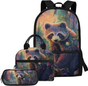 Bear Backpack for School 3 in 1 Lightweight 17 Inch Bookbag for Boys 8-12 Cool Animal Insulated Tote Lunch Bag for Kids Versatile Pencil Case for School Supplies