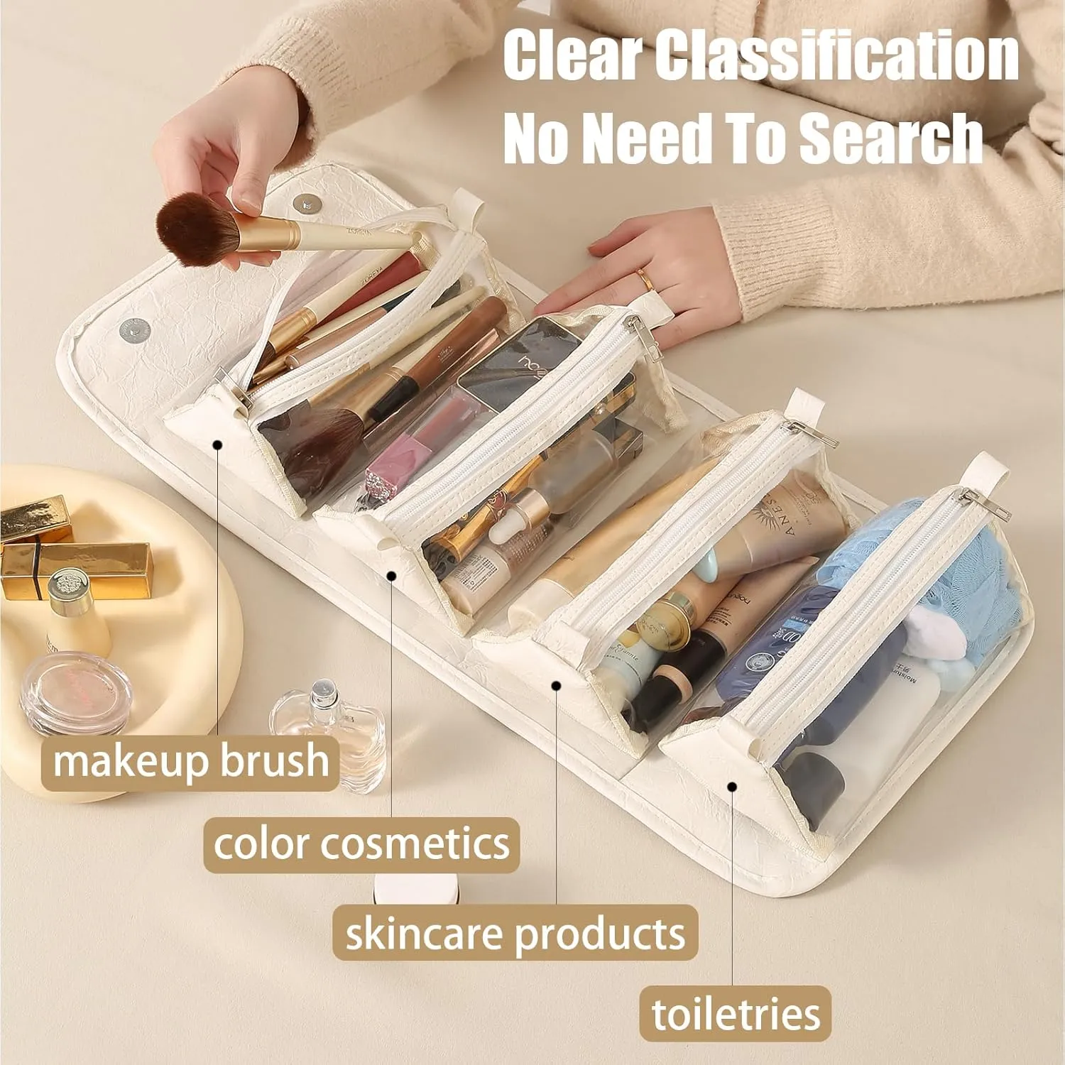 Beige Makeup Bag Travel Bag For Toiletries Makeup Pouches For Women Skin Care Bag Expandable Cosmetic Organizer