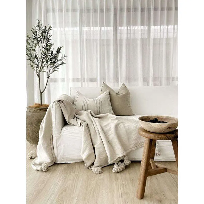 Beige Moroccan Handwoven Bed Cover Blanket Pom Pom