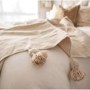 Beige Moroccan Handwoven Bed Cover Blanket Pom Pom