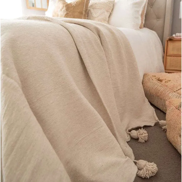 Beige Moroccan Handwoven Bed Cover Blanket Pom Pom