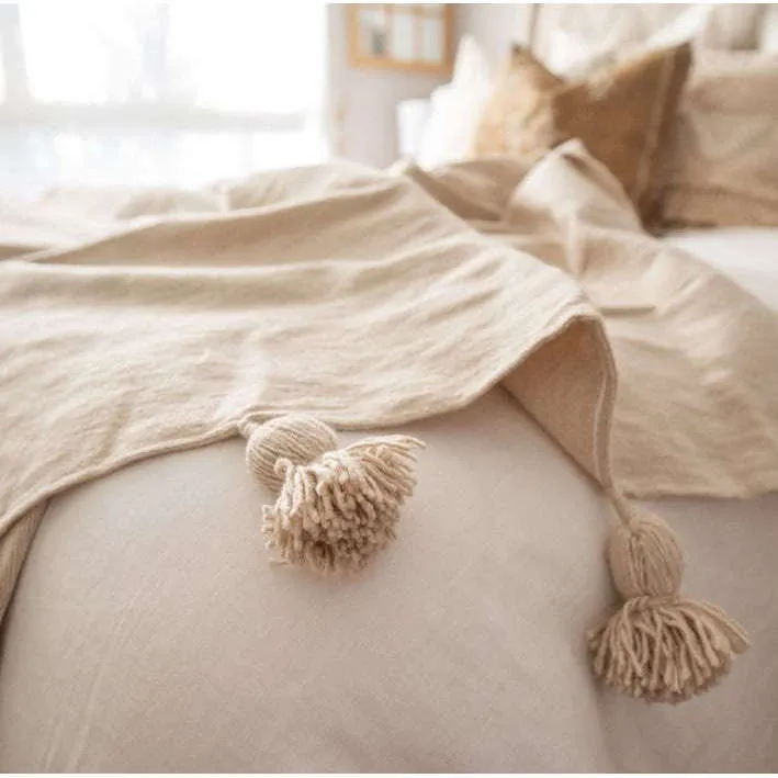 Beige Moroccan Handwoven Bed Cover Blanket Pom Pom