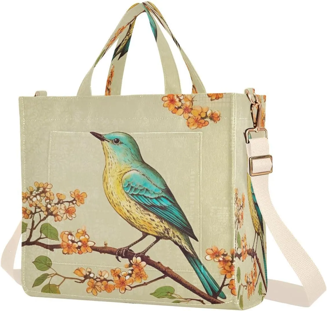 Bird Painting Design Corduroy Tote Bag for Women Hobo Crossbody Bag Purse Stylish Shoulder Handbag Messenger Bags, S