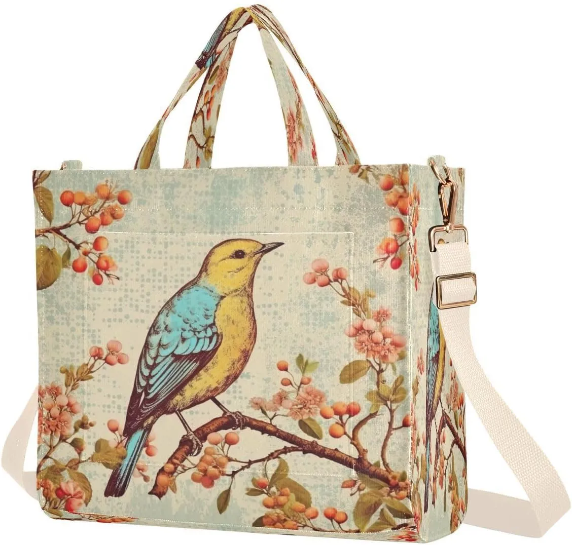 Bird Painting Design Corduroy Tote Bag for Women Hobo Crossbody Bag Purse Stylish Shoulder Handbag Messenger Bags, S