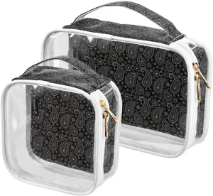 Black and White Paisley-bandana-pattern 2 Pieces Clear Makeup Cosmetic Bags for Traveling Vacation Organizing, Toiletry Bags for Women Men, PVC Waterproof Travel Organizer