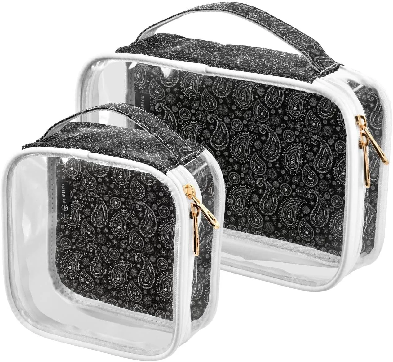 Black and White Paisley-bandana-pattern 2 Pieces Clear Makeup Cosmetic Bags for Traveling Vacation Organizing, Toiletry Bags for Women Men, PVC Waterproof Travel Organizer