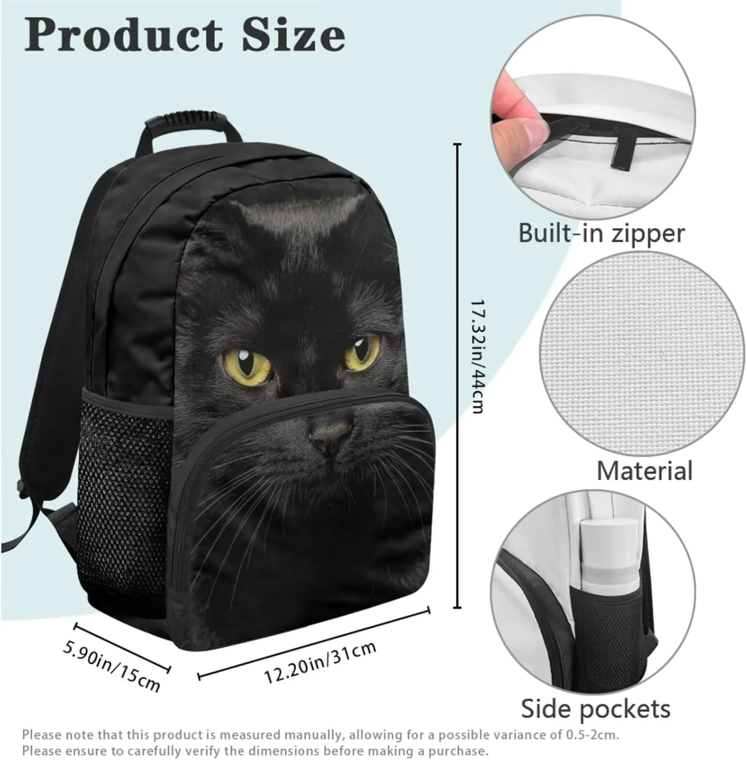 Black Cat Backpack for School Large Capacity Bookbag and Lunch Box Set for Boys Versatile Lunch Bag with Shoulder Strap 4 Piece Back to School Gifts
