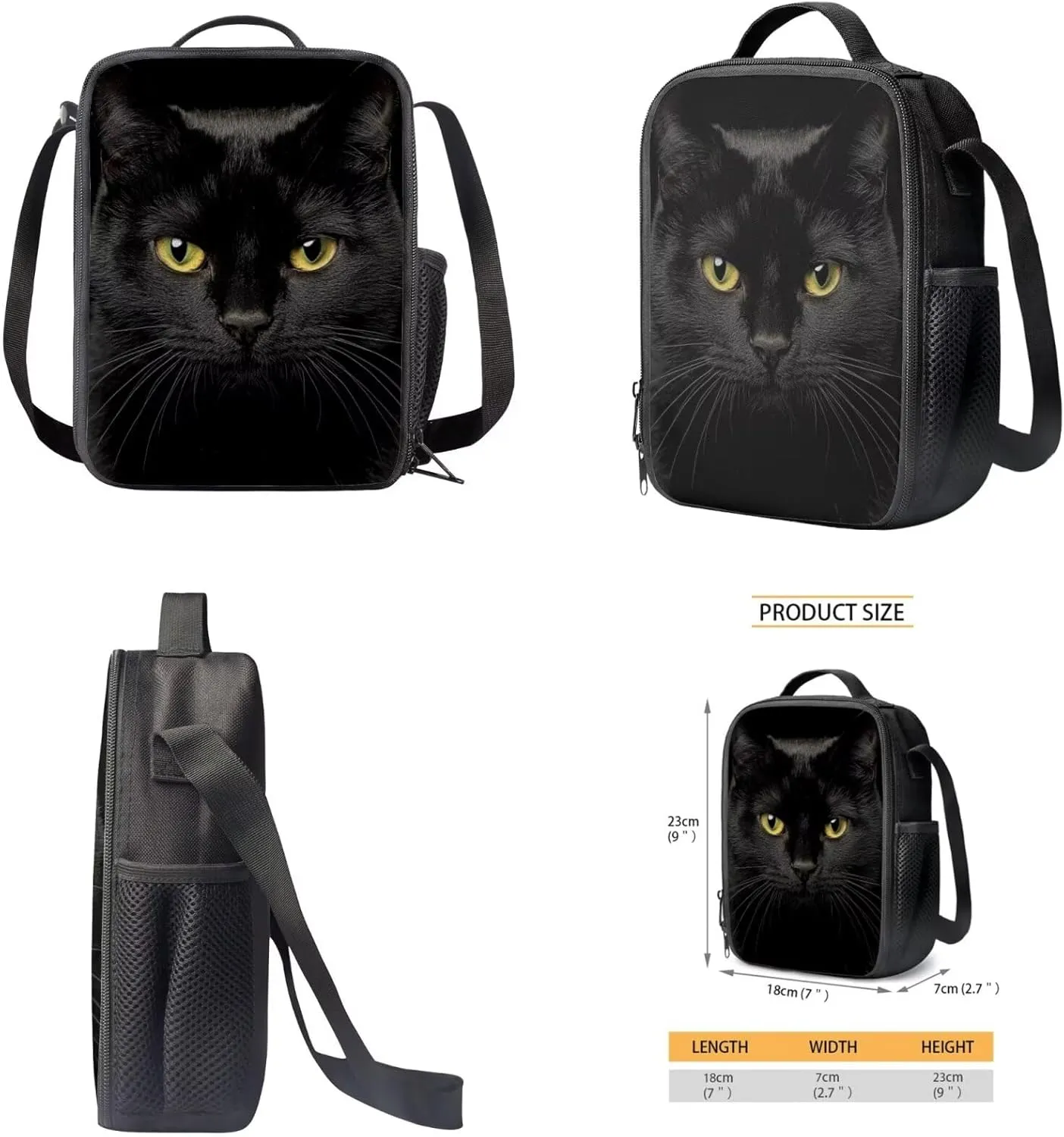 Black Cat Backpack for School Large Capacity Bookbag and Lunch Box Set for Boys Versatile Lunch Bag with Shoulder Strap 4 Piece Back to School Gifts