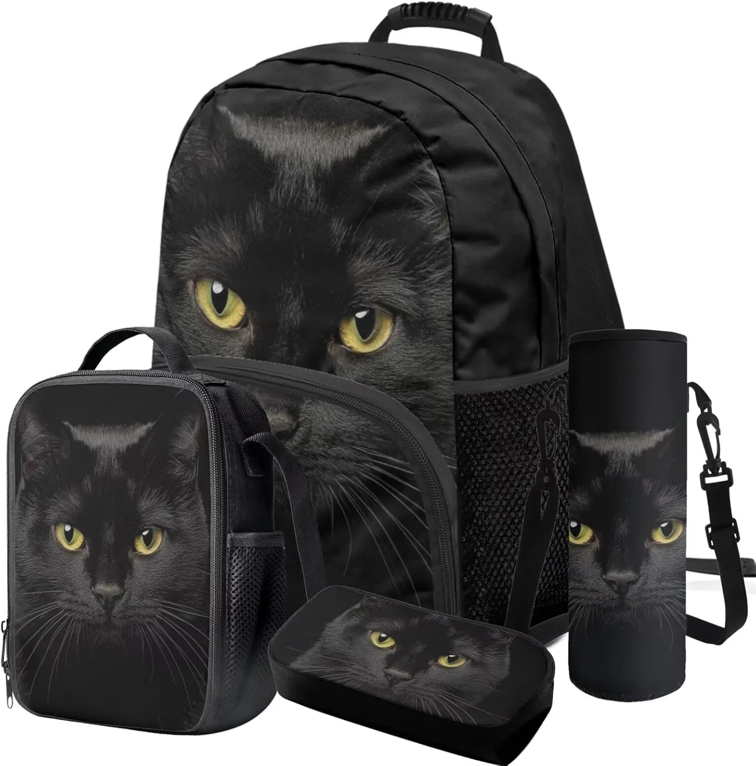 Black Cat Backpack for School Large Capacity Bookbag and Lunch Box Set for Boys Versatile Lunch Bag with Shoulder Strap 4 Piece Back to School Gifts