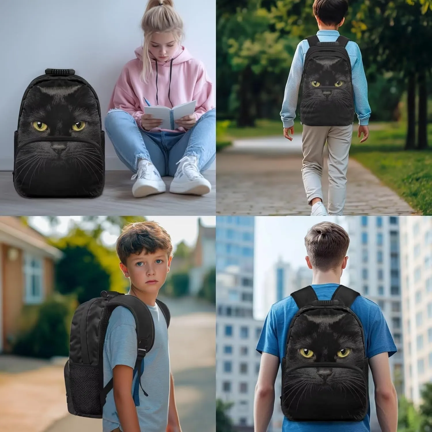 Black Cat Backpack for School Large Capacity Bookbag and Lunch Box Set for Boys Versatile Lunch Bag with Shoulder Strap 4 Piece Back to School Gifts