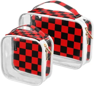 Black-red-squares-pattern 2 Pieces Clear Makeup Cosmetic Bags for Traveling Vacation Organizing, Toiletry Bags for Women Men, PVC Waterproof Travel Organizer